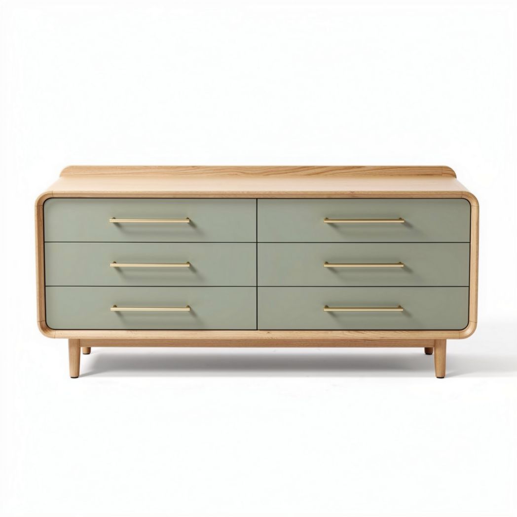Wooden dresser with six drawers in green and natural finish 150 x 50 x 70cm