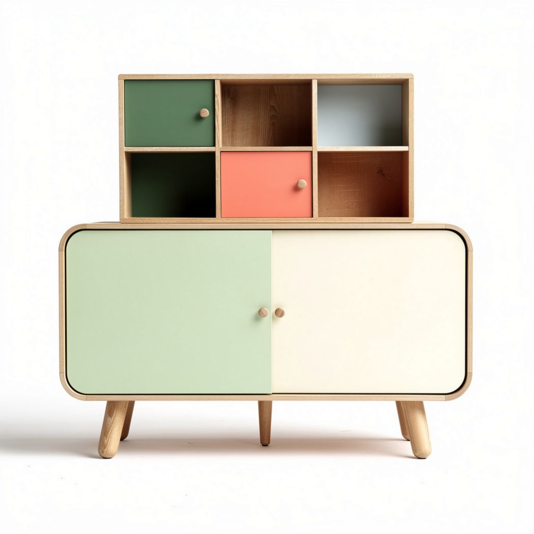 Wooden storage cabinet with multi-colored doors and open shelving 80 x 40 x 100cm