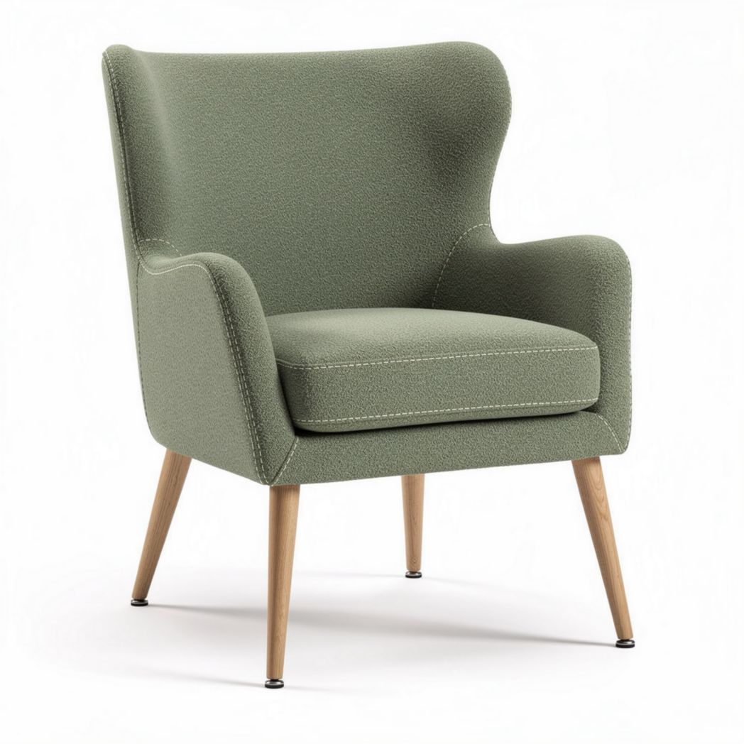 Green upholstered accent chair with wooden legs suitable for living room d¨¦cor