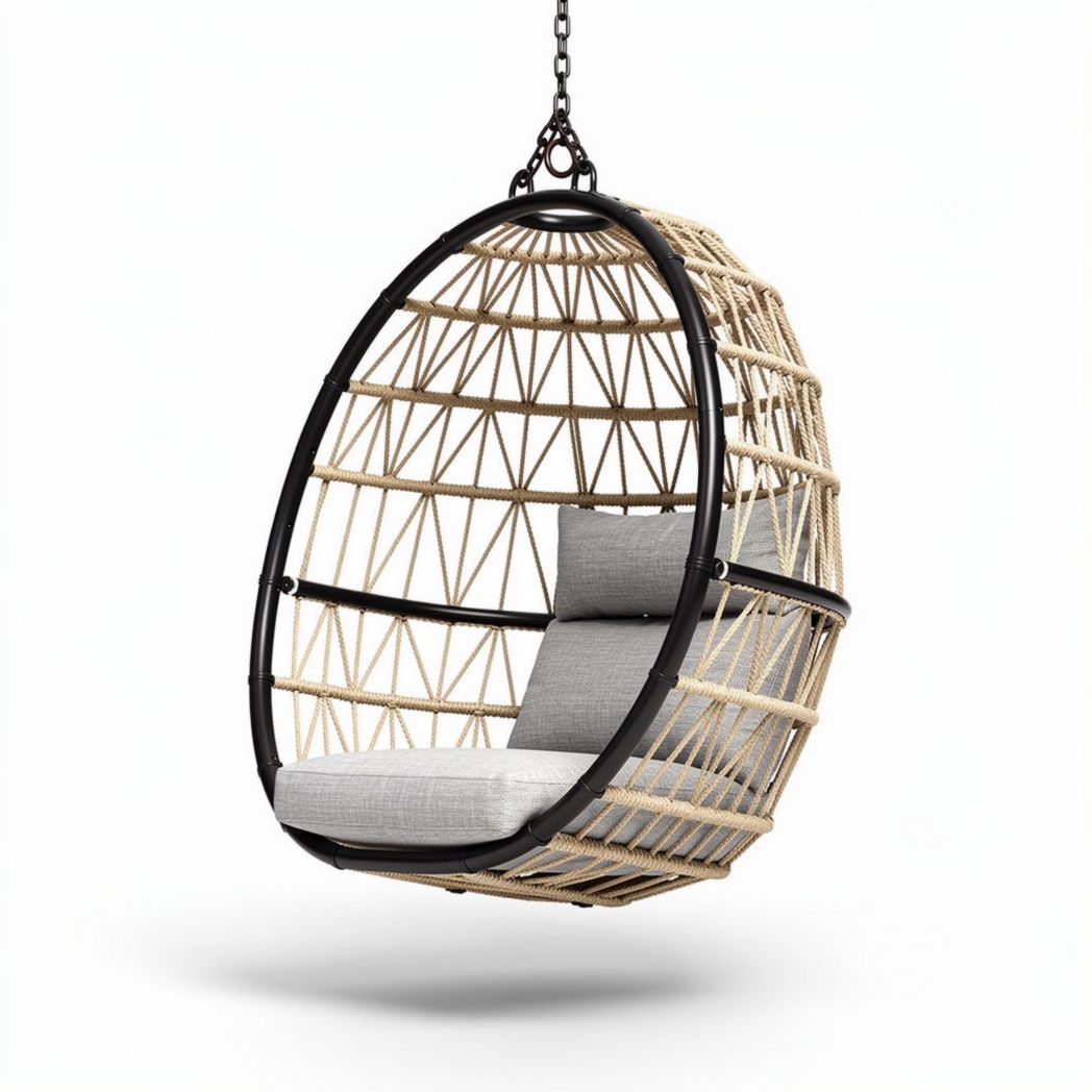 Hanging rattan chair with cushion for indoor and outdoor use beige 80 x 70 x 110cm