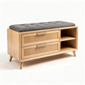 Wooden storage bench with grey upholstered cushion and drawers 90 x 40 x 45cm
