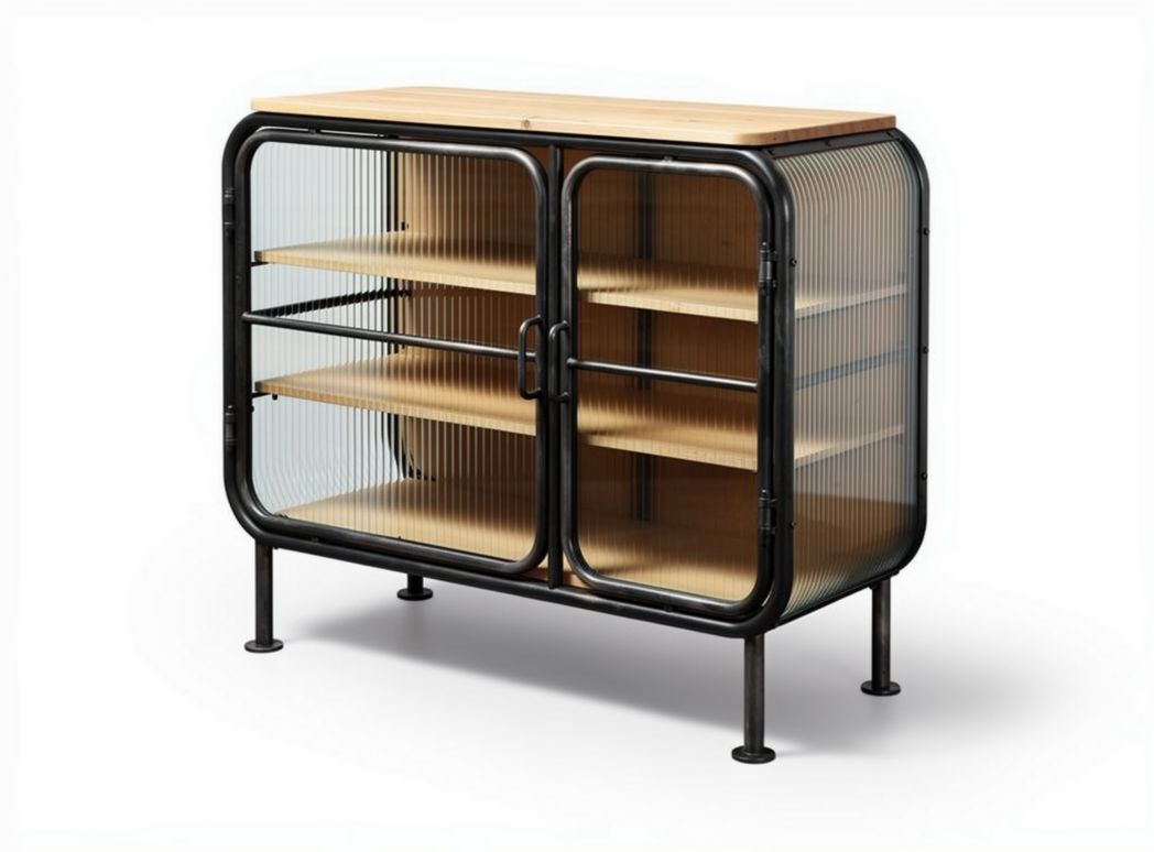 Glass display cabinet with wooden top and metal frame 100 x 50 x 85cm