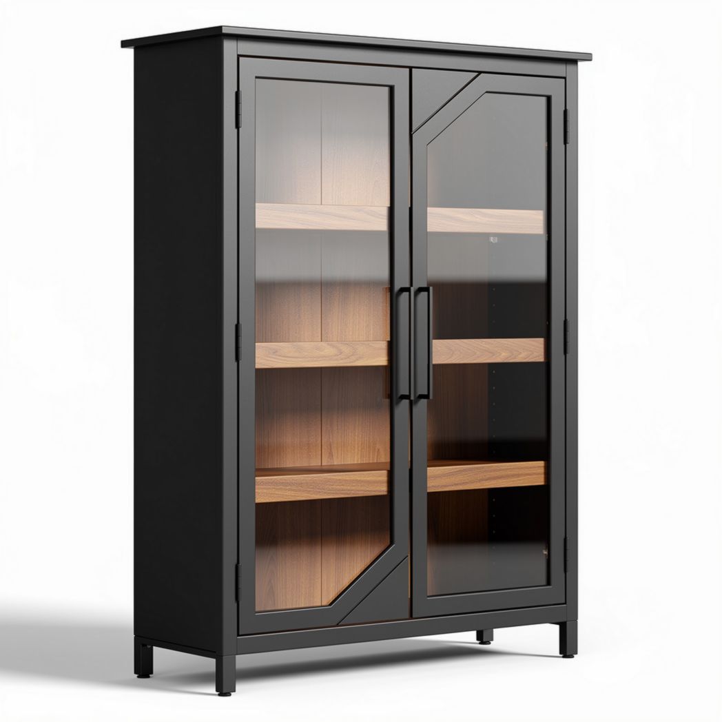 Glass door display cabinet with wooden shelves in black finish 80 x 40 x 120cm