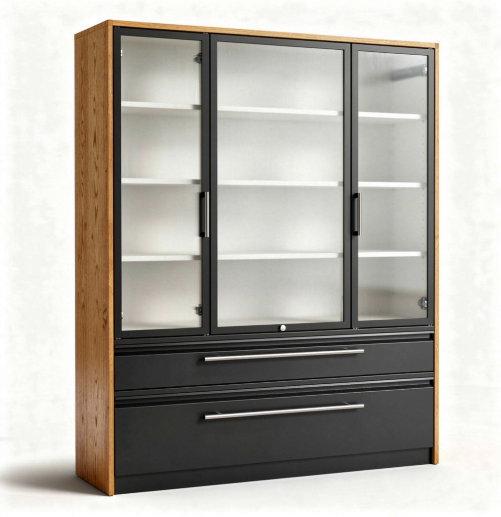 Glass front display cabinet with adjustable shelves and drawers 180 x 120 x 40cm