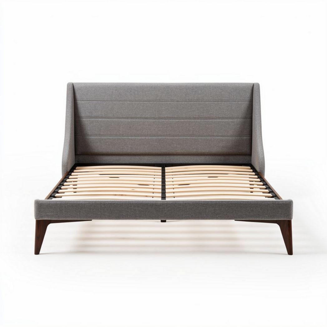 Upholstered bed frame with wooden slats and contemporary gray fabric design