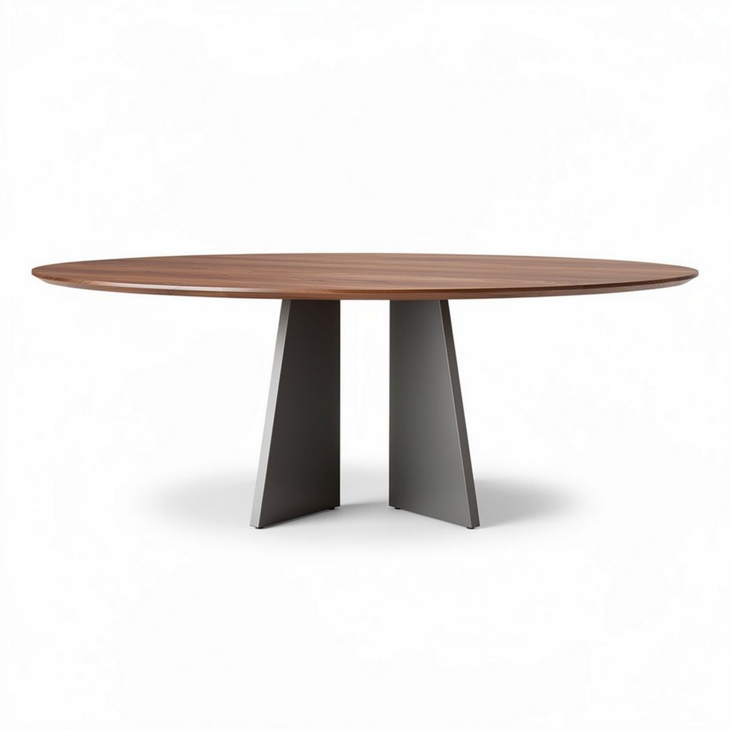 Round wooden dining table with metal base 300 x 150 x 75cm