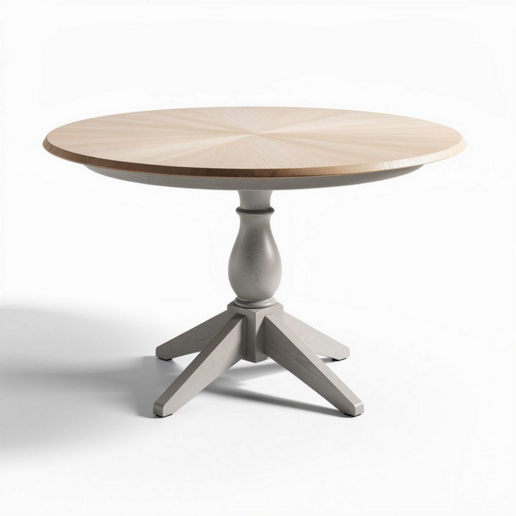 Round wooden dining table with a pedestal base in light gray finish 90 x 90 x 75cm