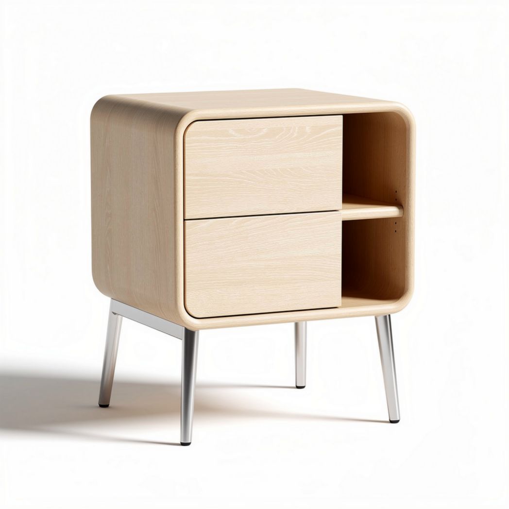 Wooden nightstand with two drawers and metal legs in natural finish 45 x 40 x 50cm