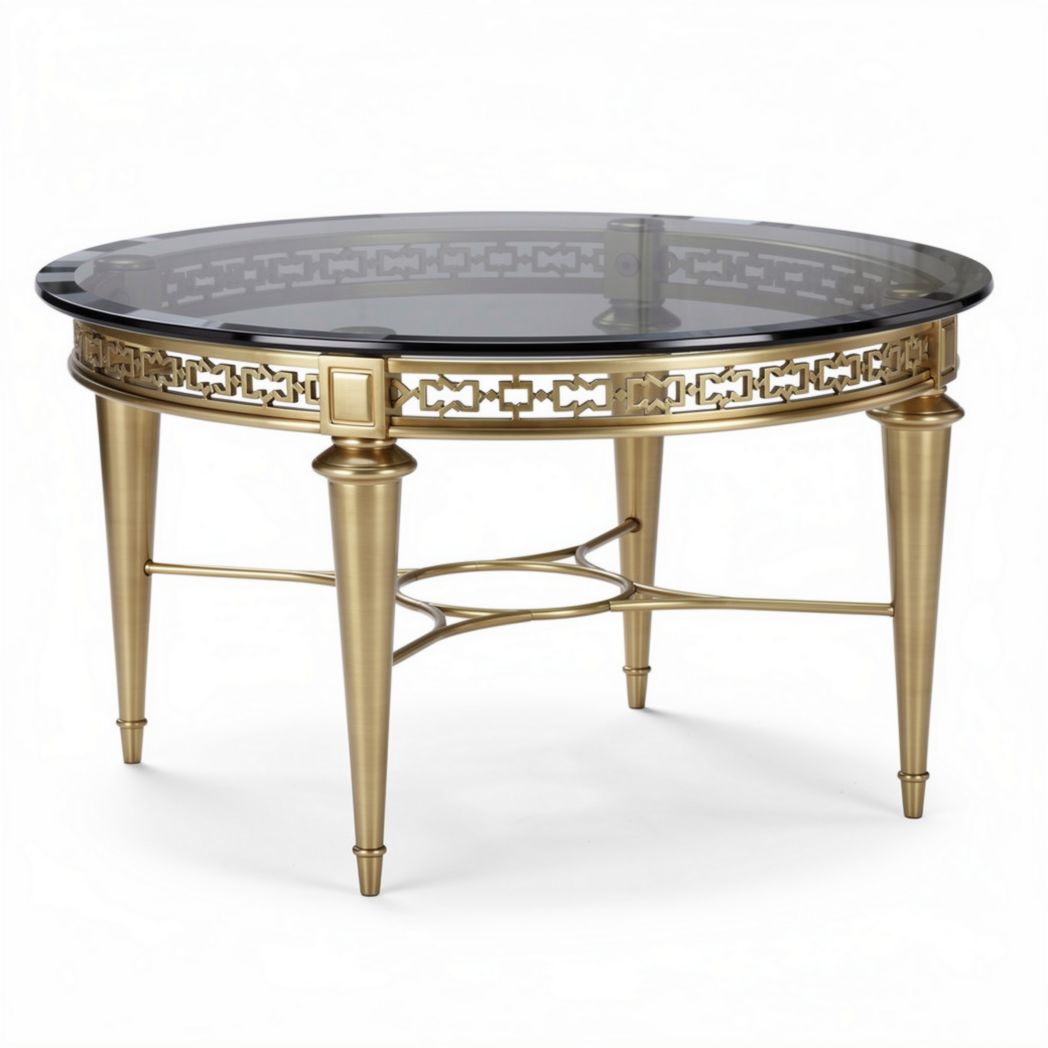 Round glass top coffee table with gold metal frame and intricate design 70 x 70 x 45cm