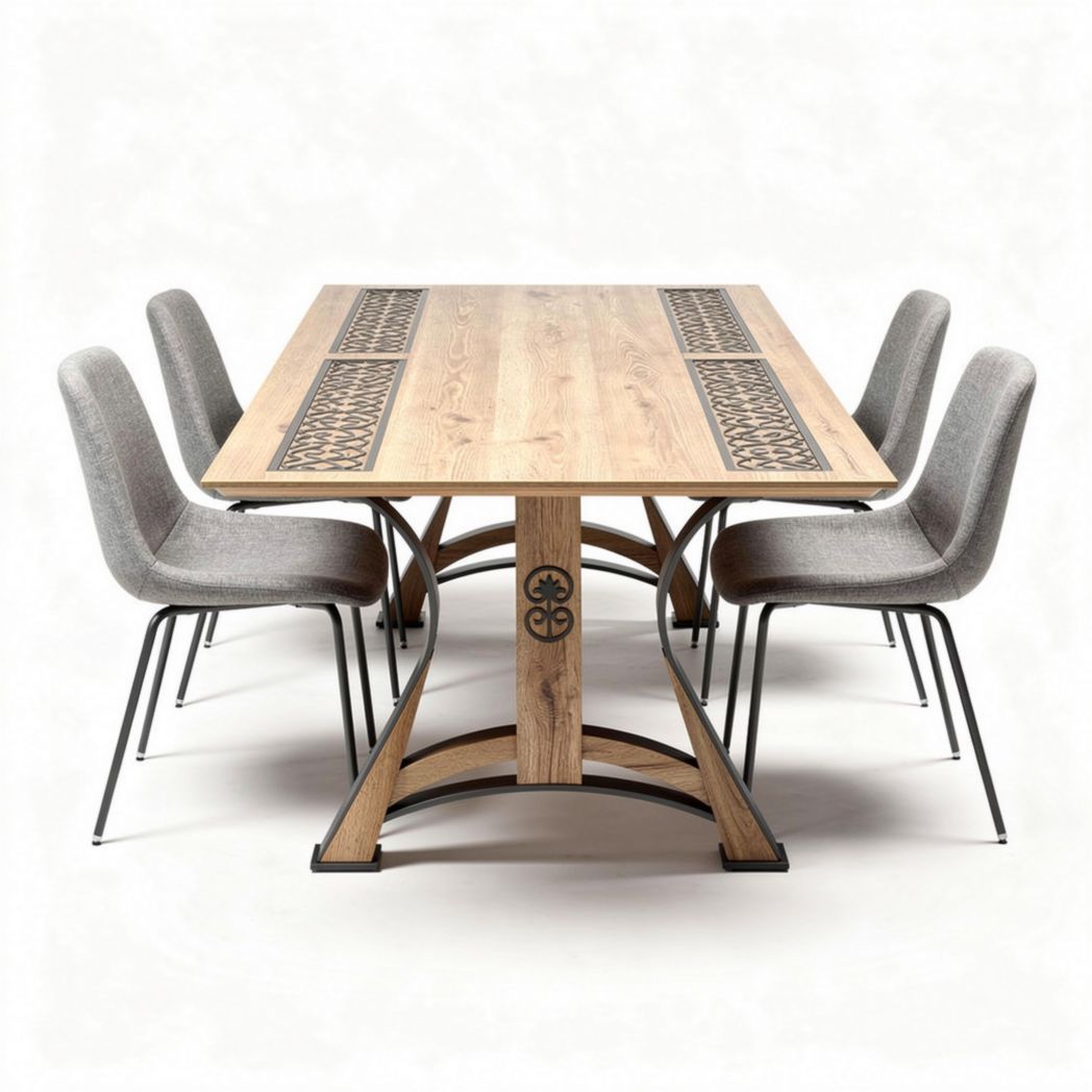 Wood dining table with metal legs and four upholstered chairs set 200 x 100 x 75cm